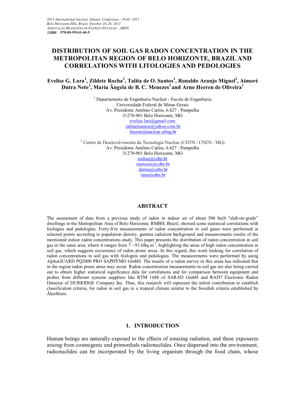 Distribution of Soil Gas Radon Concentration in the Metropolitan Region of Belo Horizonte, Brazil and Correlations with Litologies and Pedologies