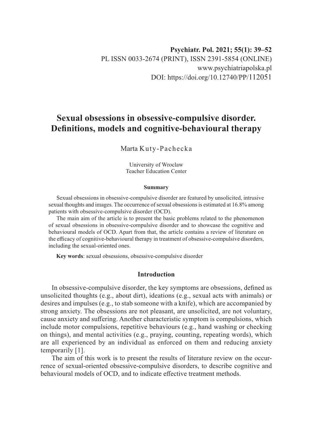 Sexual Obsessions in Obsessive-Compulsive Disorder. Definitions, Models and Cognitive-Behavioural Therapy