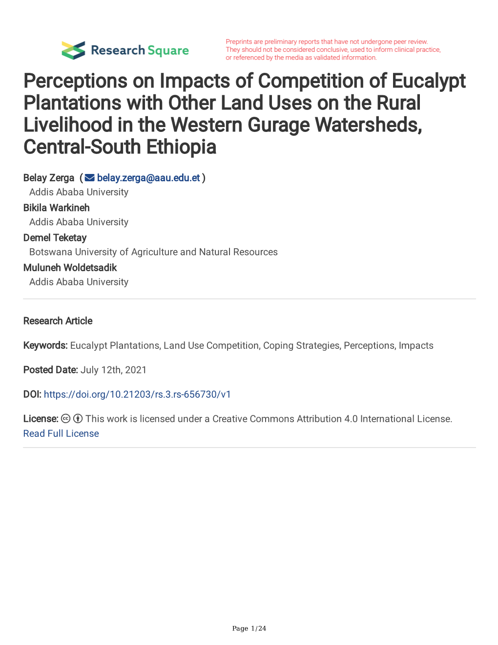 Perceptions on Impacts of Competition of Eucalypt Plantations with Other Land Uses on the Rural Livelihood in the Western Gurage Watersheds, Central-South Ethiopia