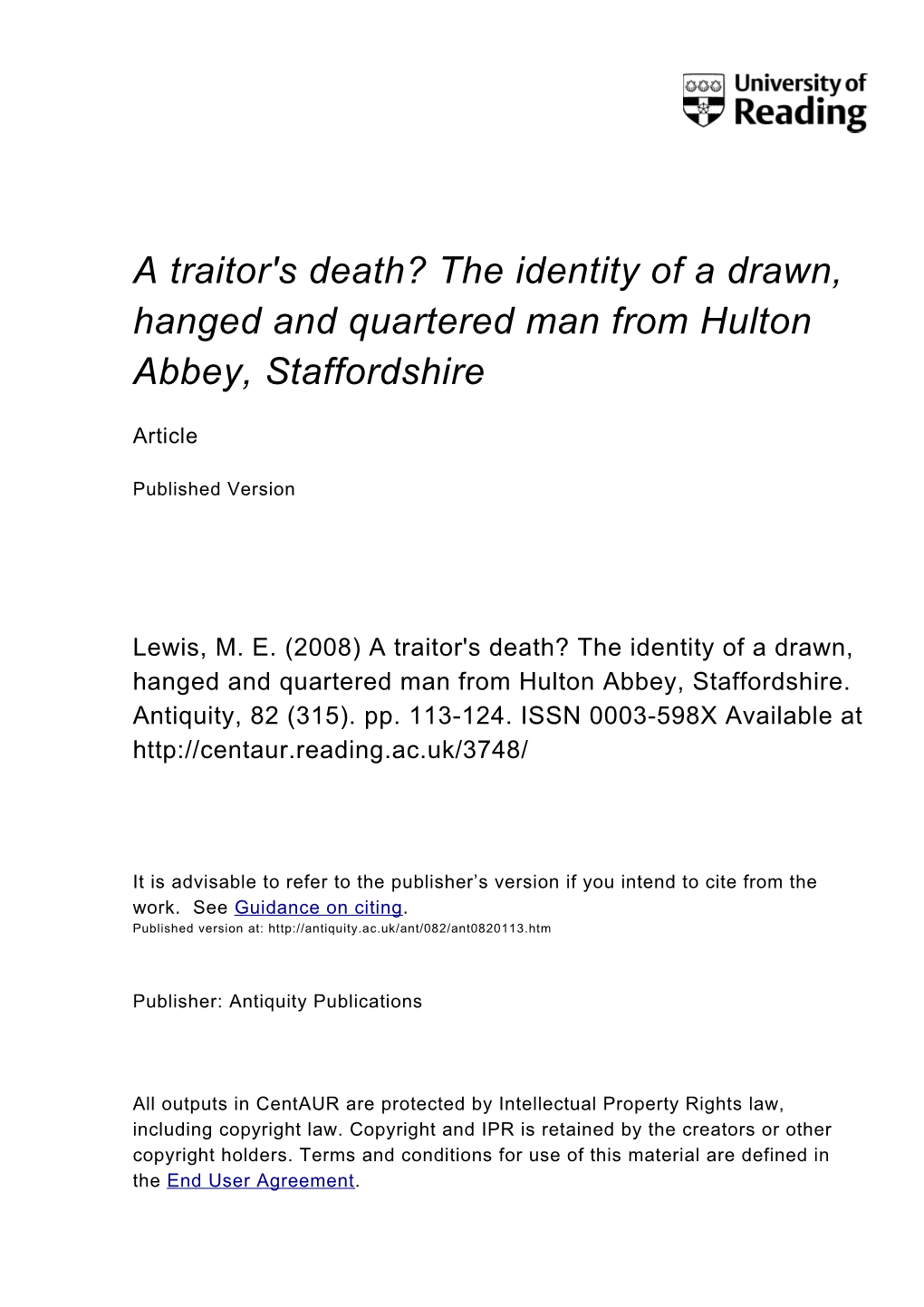 A Traitor's Death? the Identity of a Drawn, Hanged and Quartered Man from Hulton Abbey, Staffordshire