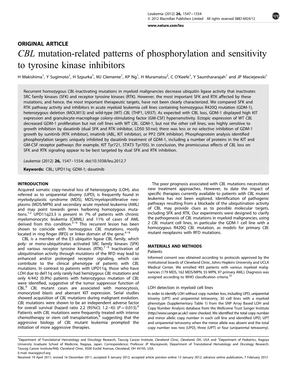 CBL Mutation-Related Patterns of Phosphorylation and Sensitivity to Tyrosine Kinase Inhibitors