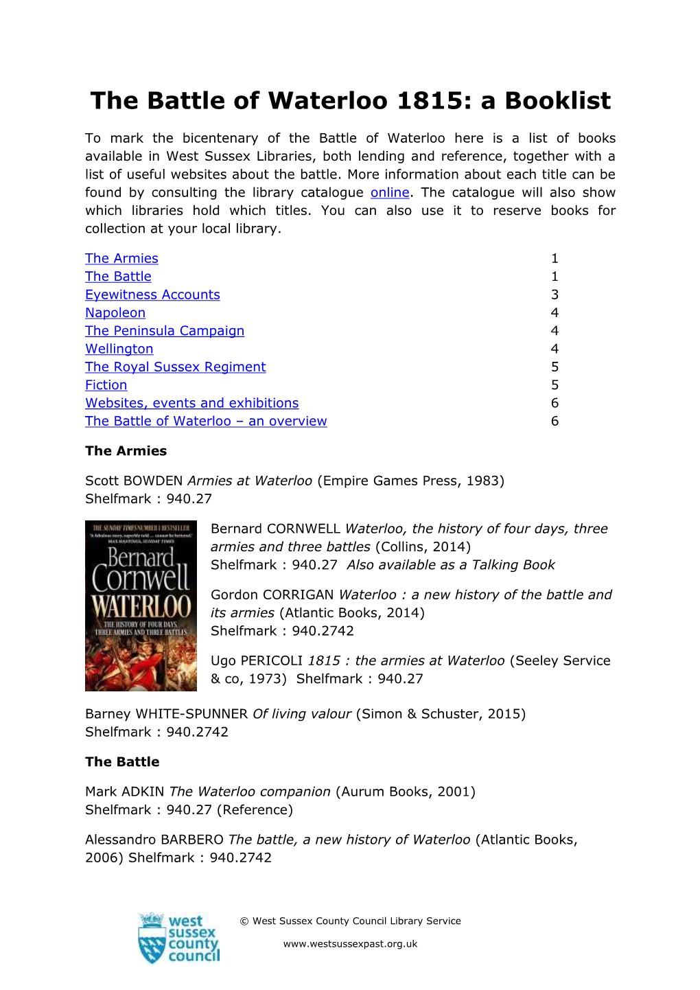 Battle of Waterloo 1815 Booklist