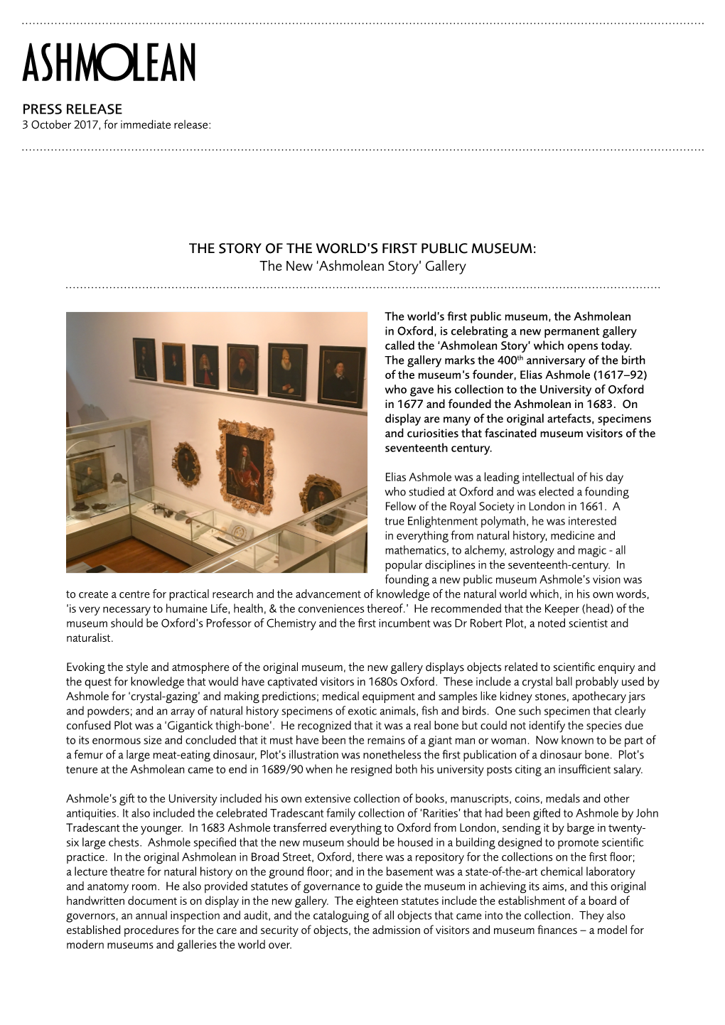 'Ashmolean Story' Gallery PRESS RELEASE