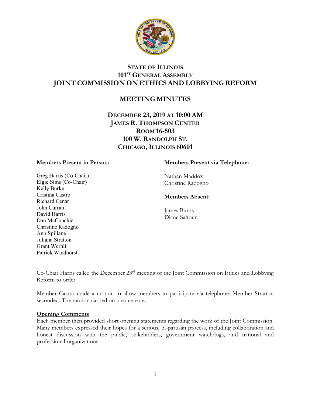 Joint Commission Minutes for December 23, 2019