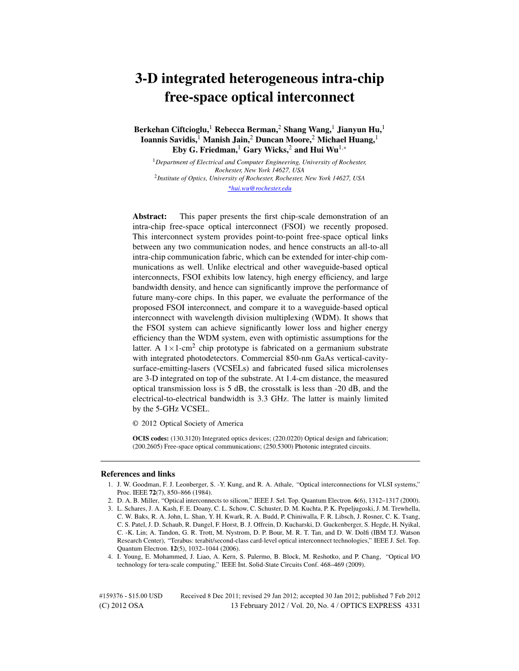 3-D Integrated Heterogeneous Intra-Chip Free-Space Optical Interconnect