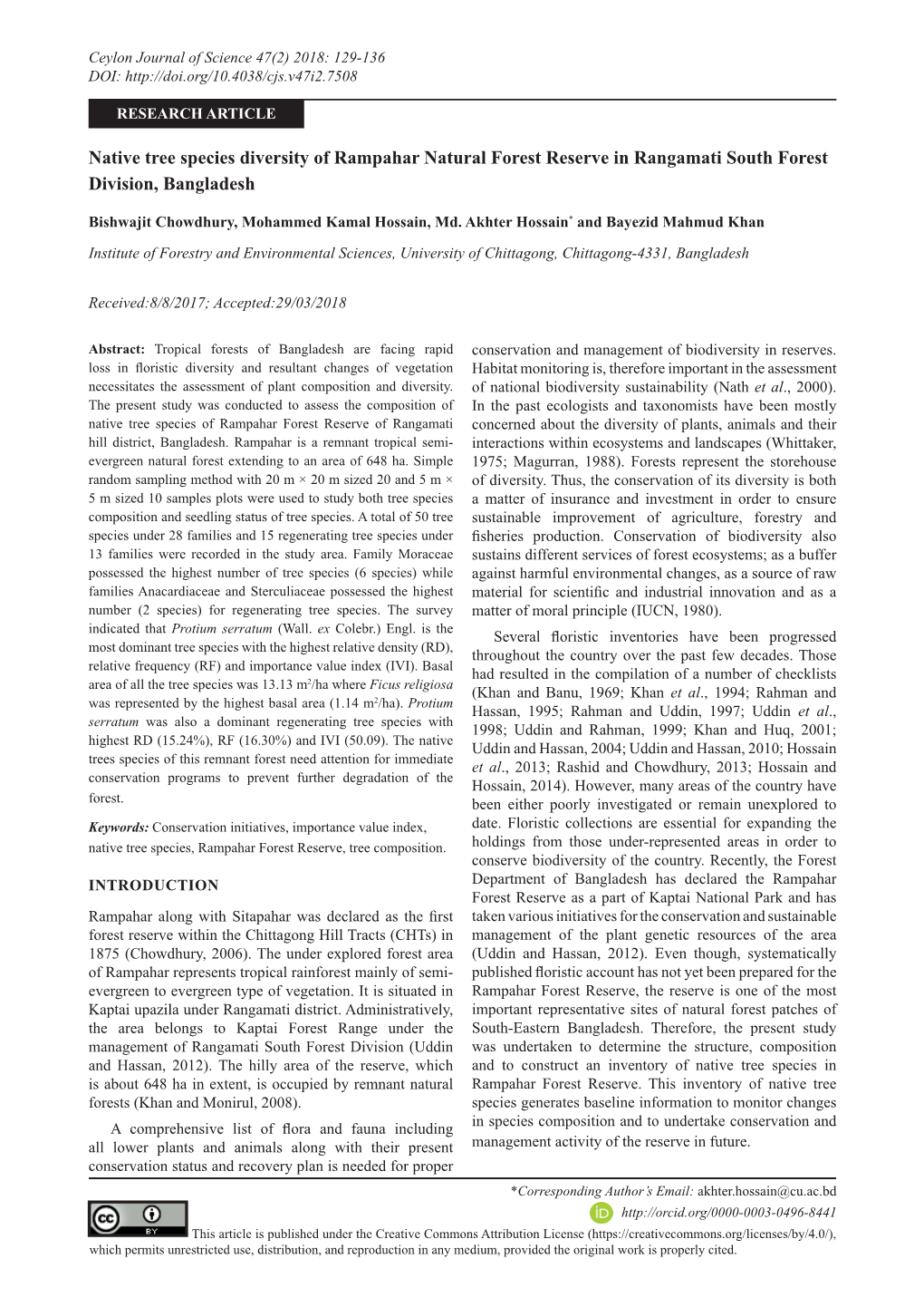 Native Tree Species Diversity of Rampahar Natural Forest Reserve in Rangamati South Forest Division, Bangladesh