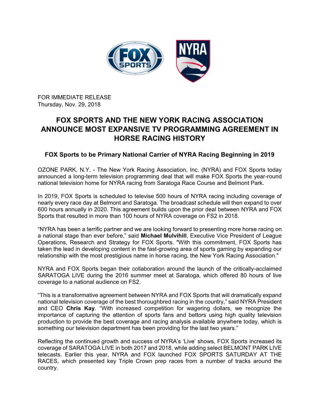 Fox Sports and the New York Racing Association Announce Most Expansive Tv Programming Agreement in Horse Racing History