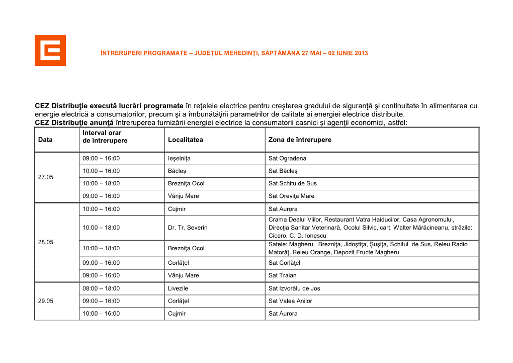 CEZ Distribuţie Execută Lucrări Programate În Reţelele Electrice