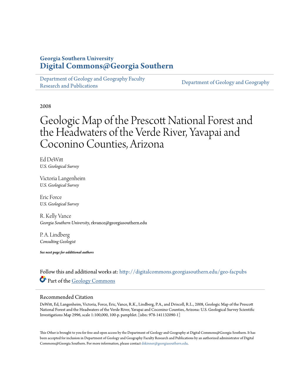 Geologic Map of the Prescott National Forest and the Headwaters of the Verde River, Yavapai and Coconino Counties, Arizona: U.S