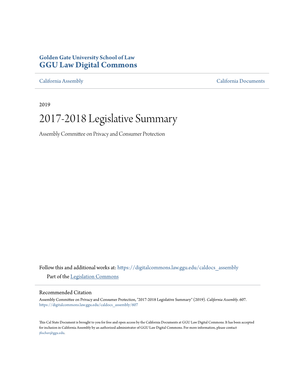 2017-2018 Legislative Summary Assembly Committee on Privacy and Consumer Protection
