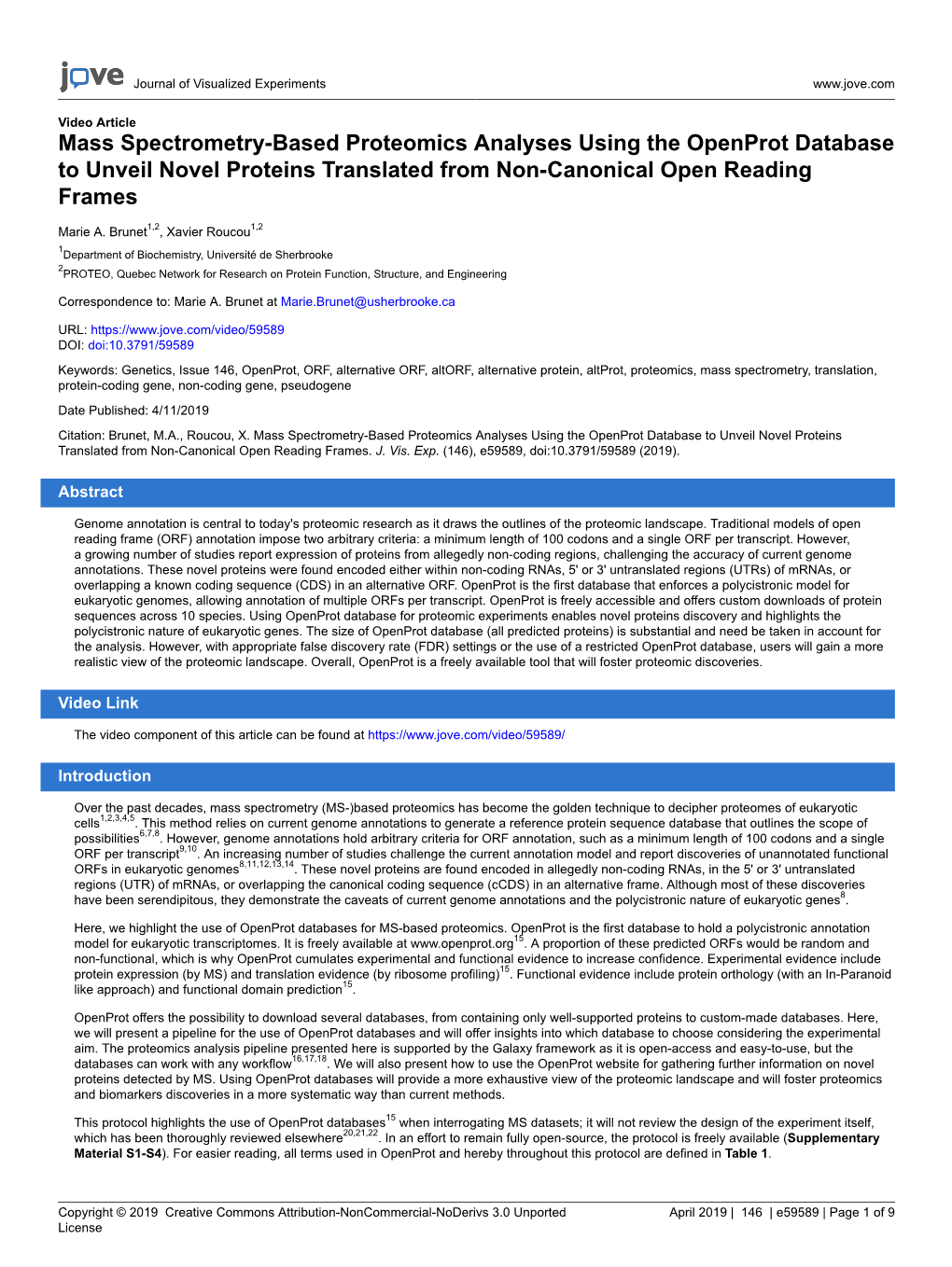 Mass Spectrometry-Based Proteomics Analyses Using the Openprot Database to Unveil Novel Proteins Translated from Non-Canonical Open Reading Frames