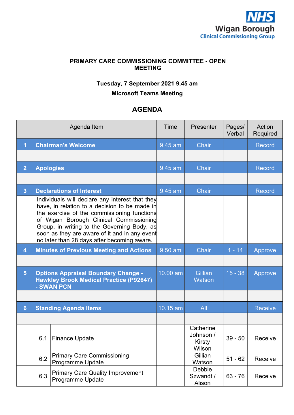 Agenda Document for Primary Care Commissioning Committee