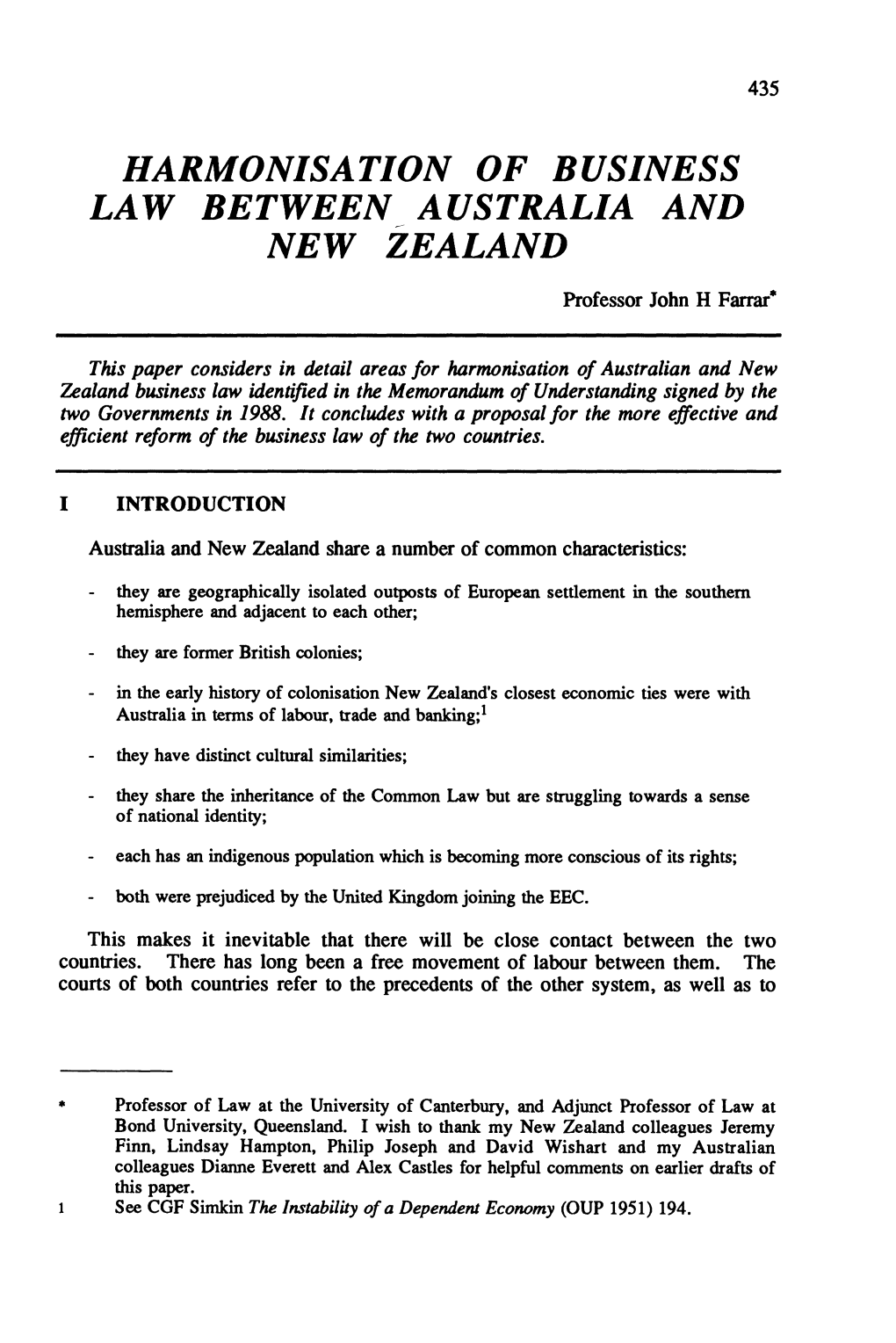 Harmonisation of Business Law Between Australia and New Zealand