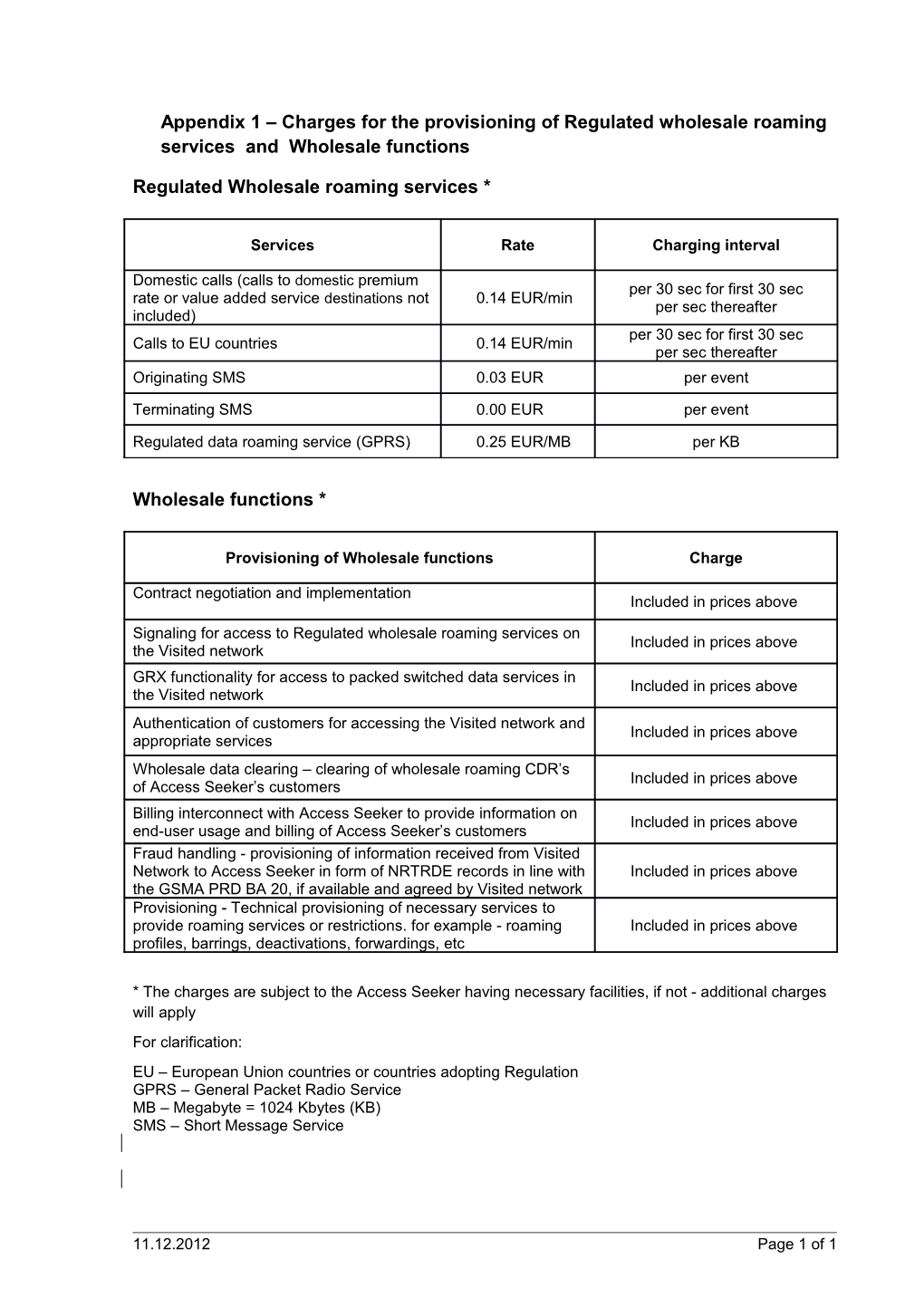 Regulated Wholesale Roaming Services *