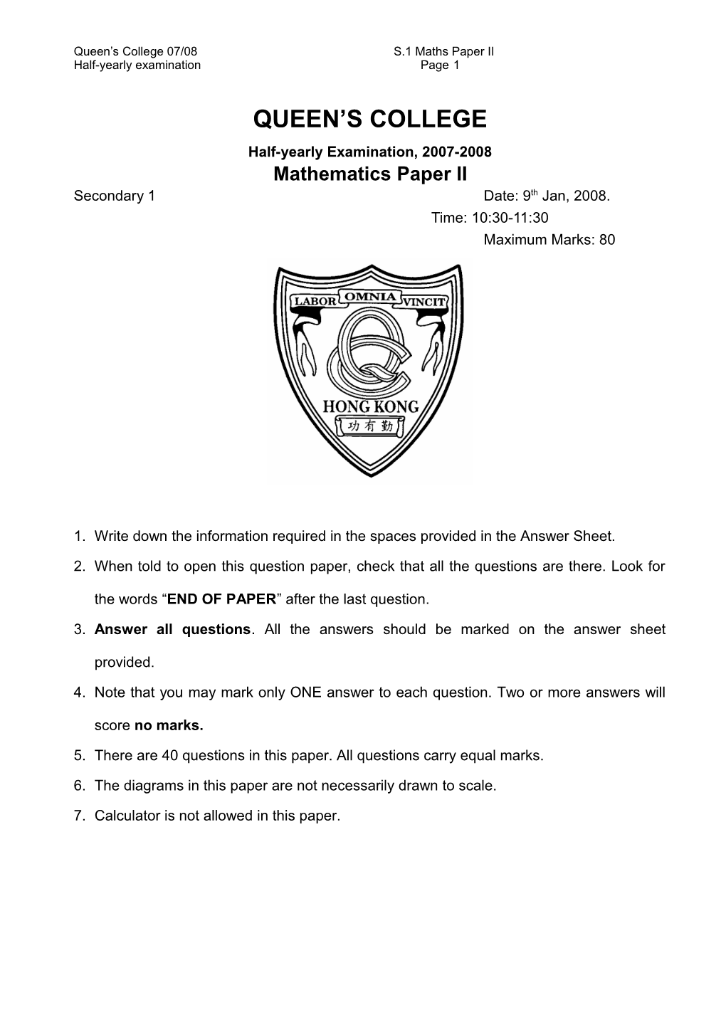 Queen S College 07/08 S.1 Maths Paper II