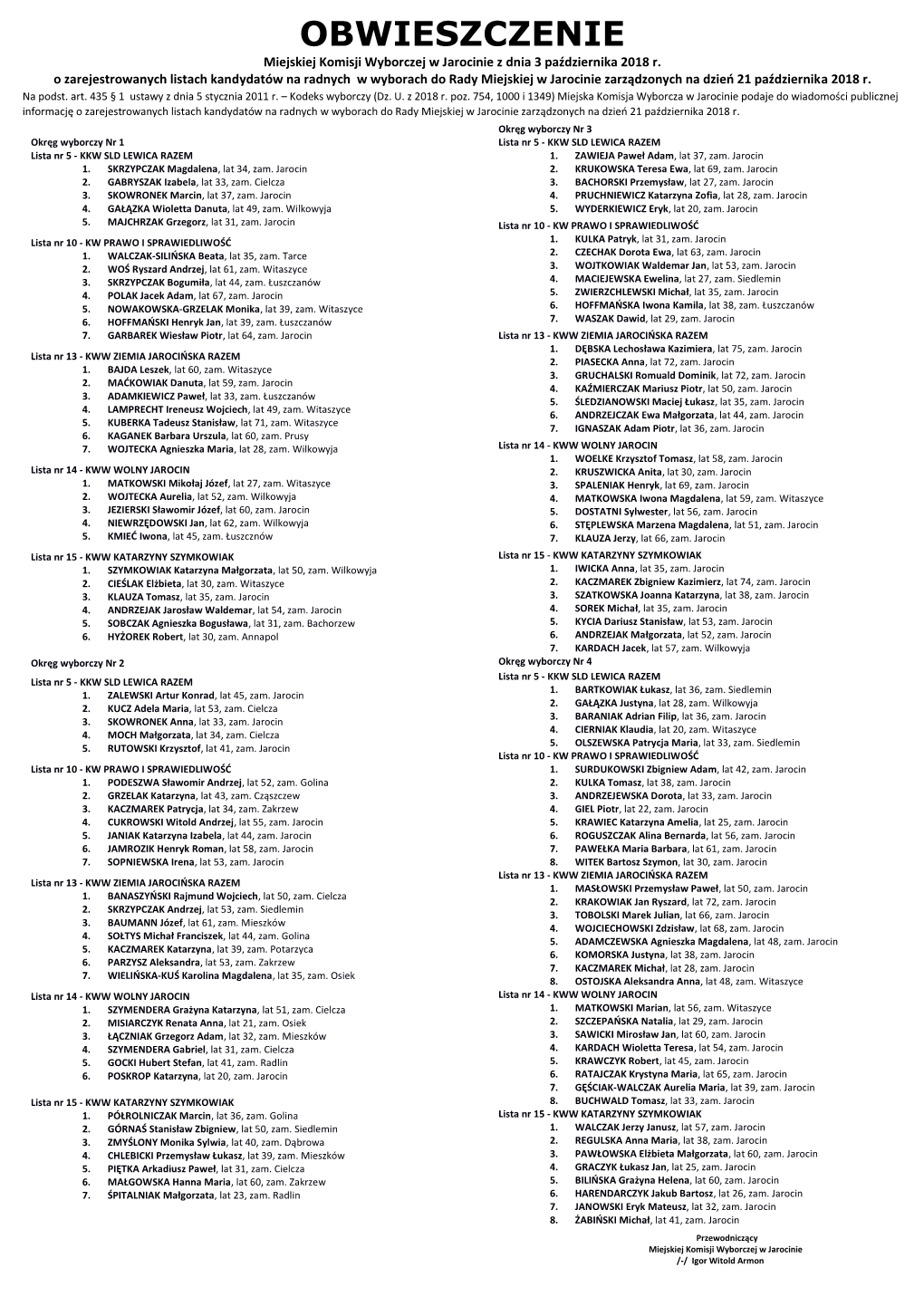 OBWIESZCZENIE Miejskiej Komisji Wyborczej W Jarocinie Z Dnia 3 Października 2018 R