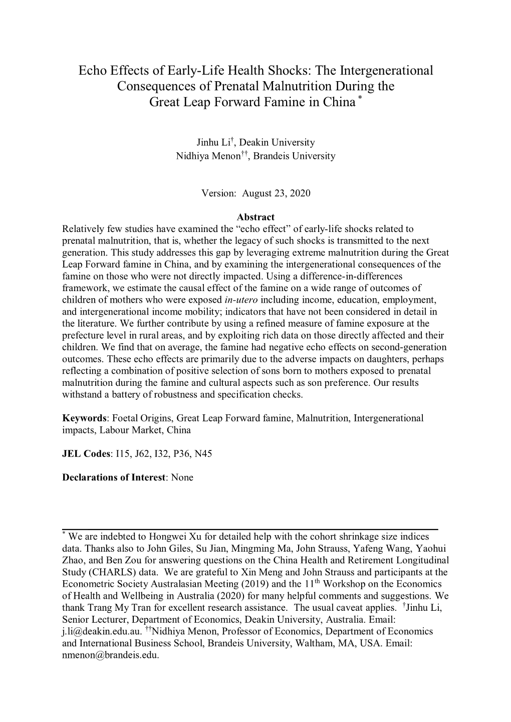 Echo Effects of Early-Life Health Shocks: the Intergenerational Consequences of Prenatal Malnutrition During the Great Leap Forward Famine in China *