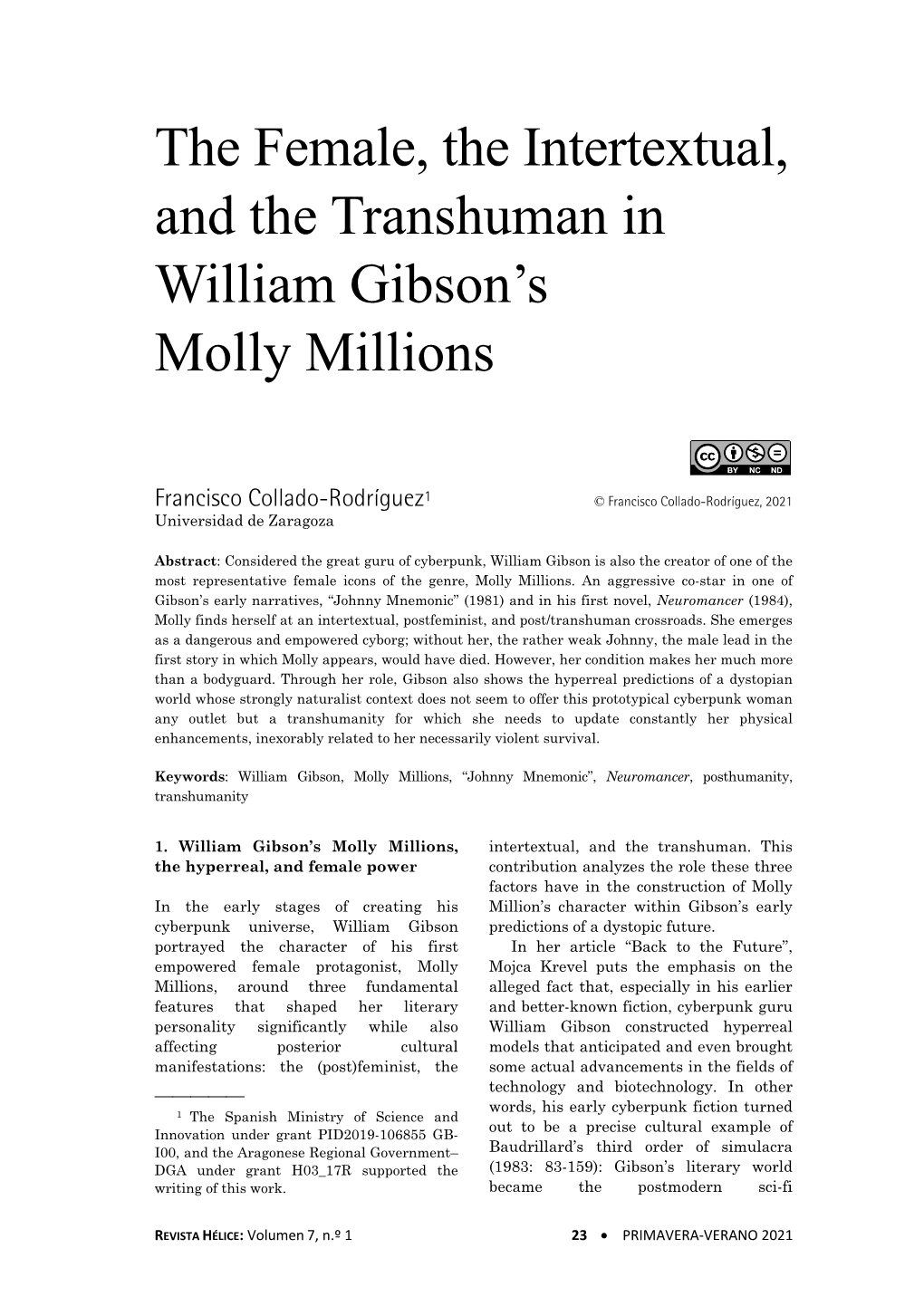The Female, the Intertextual, and the Transhuman in William Gibson’S Molly Millions