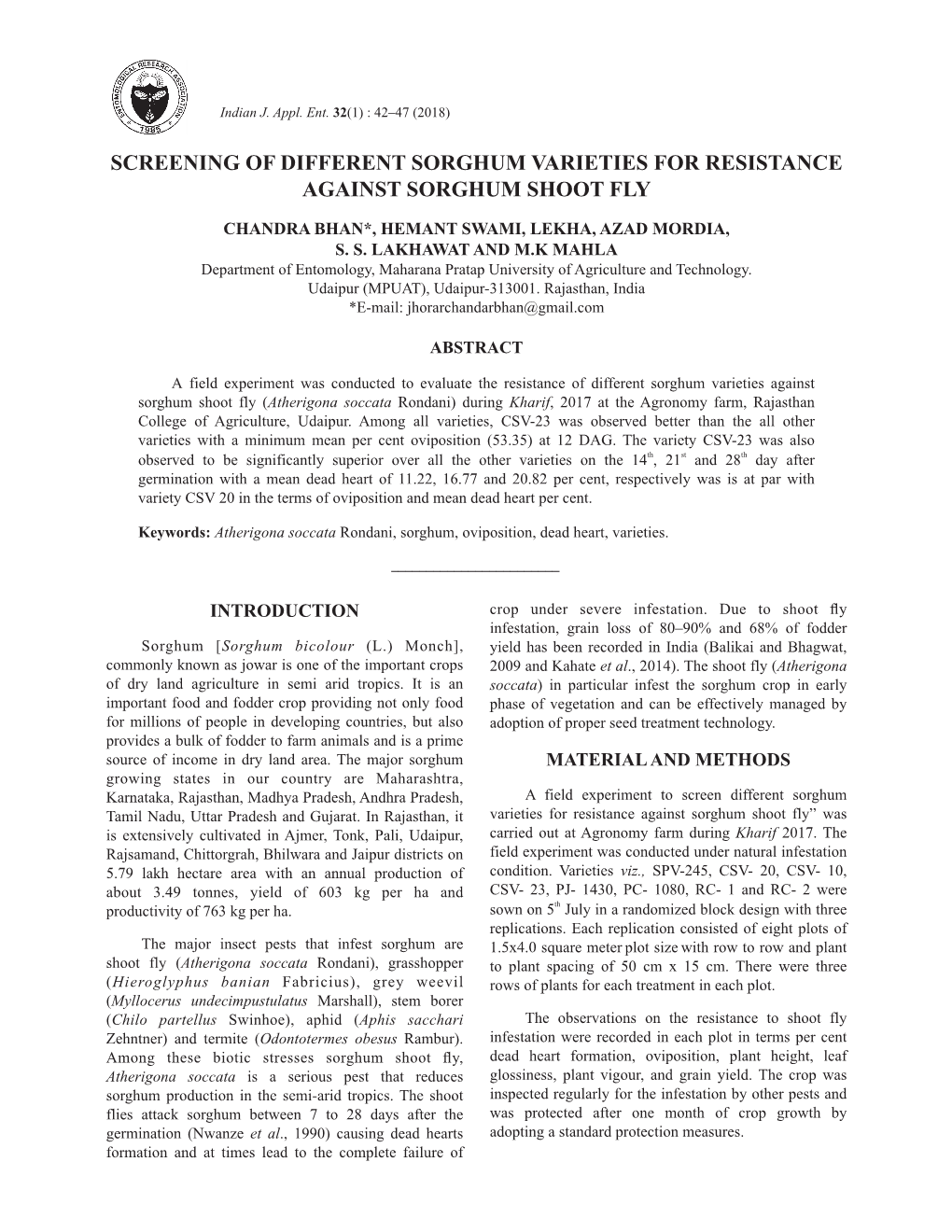 Screening of Different Sorghum Varieties for Resistance Against Sorghum Shoot Fly