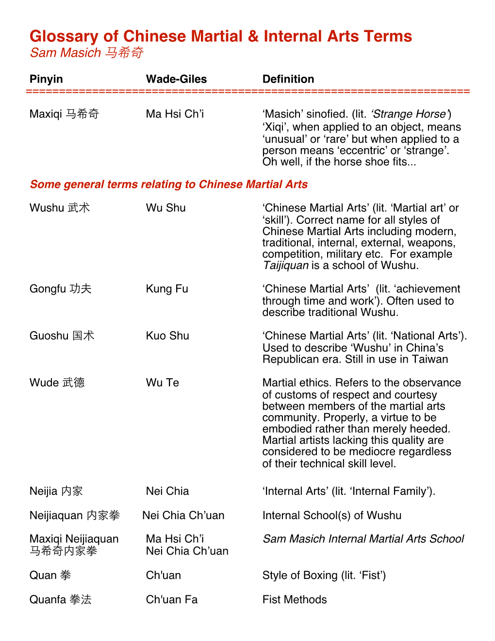 Glossary of Chinese Martial & Internal Arts Terms