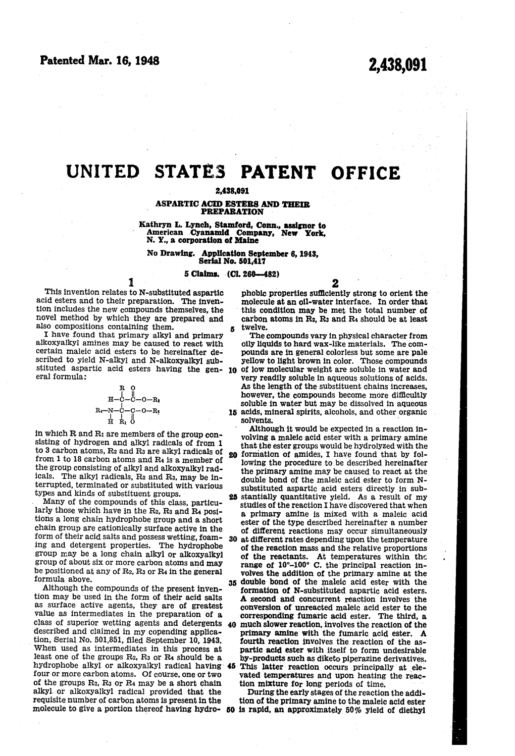 UNITED STATES PATENT OFFICE 2,438,091 ASPARTICAC DSTERS and TER PRE PABATON Kathryn L