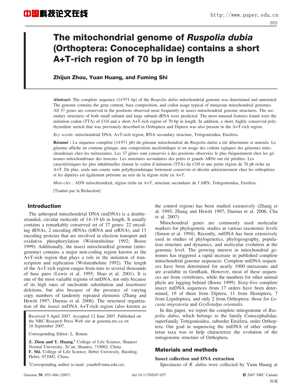 The Mitochondrial Genome of Ruspolia Dubia (Orthoptera: Conocephalidae) Contains a Short A+T-Rich Region of 70 Bp in Length