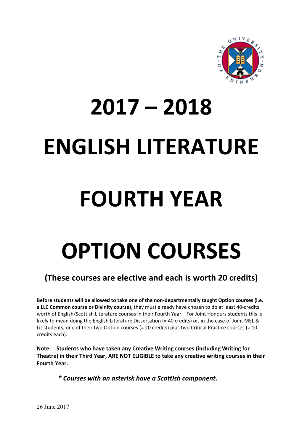 2017 – 2018 English Literature Fourth Year Option Courses