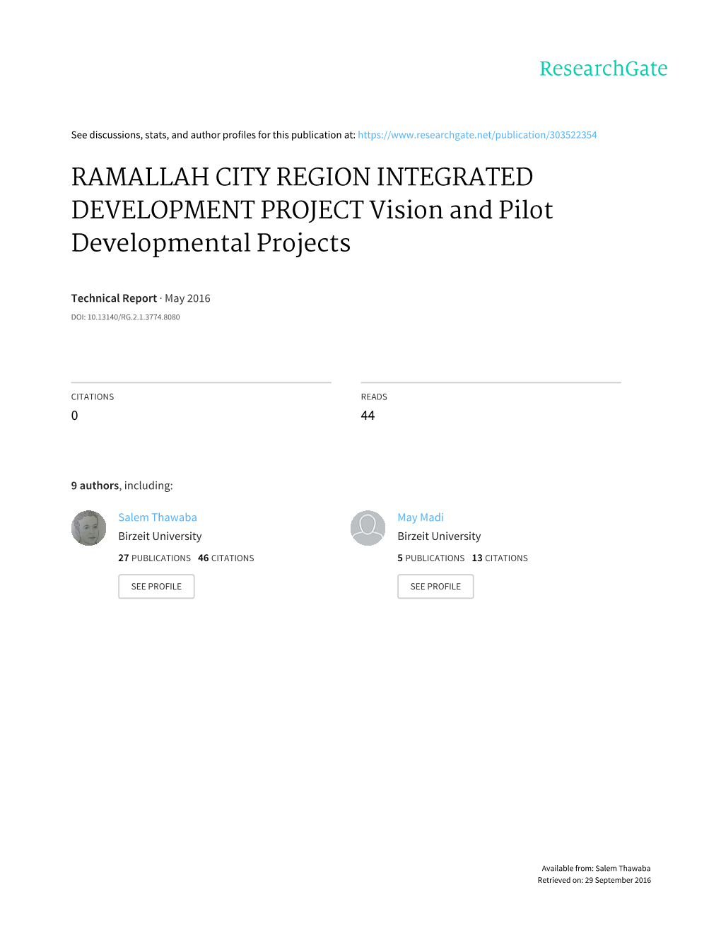 RAMALLAH CITY REGION INTEGRATED DEVELOPMENT PROJECT Vision and Pilot Developmental Projects