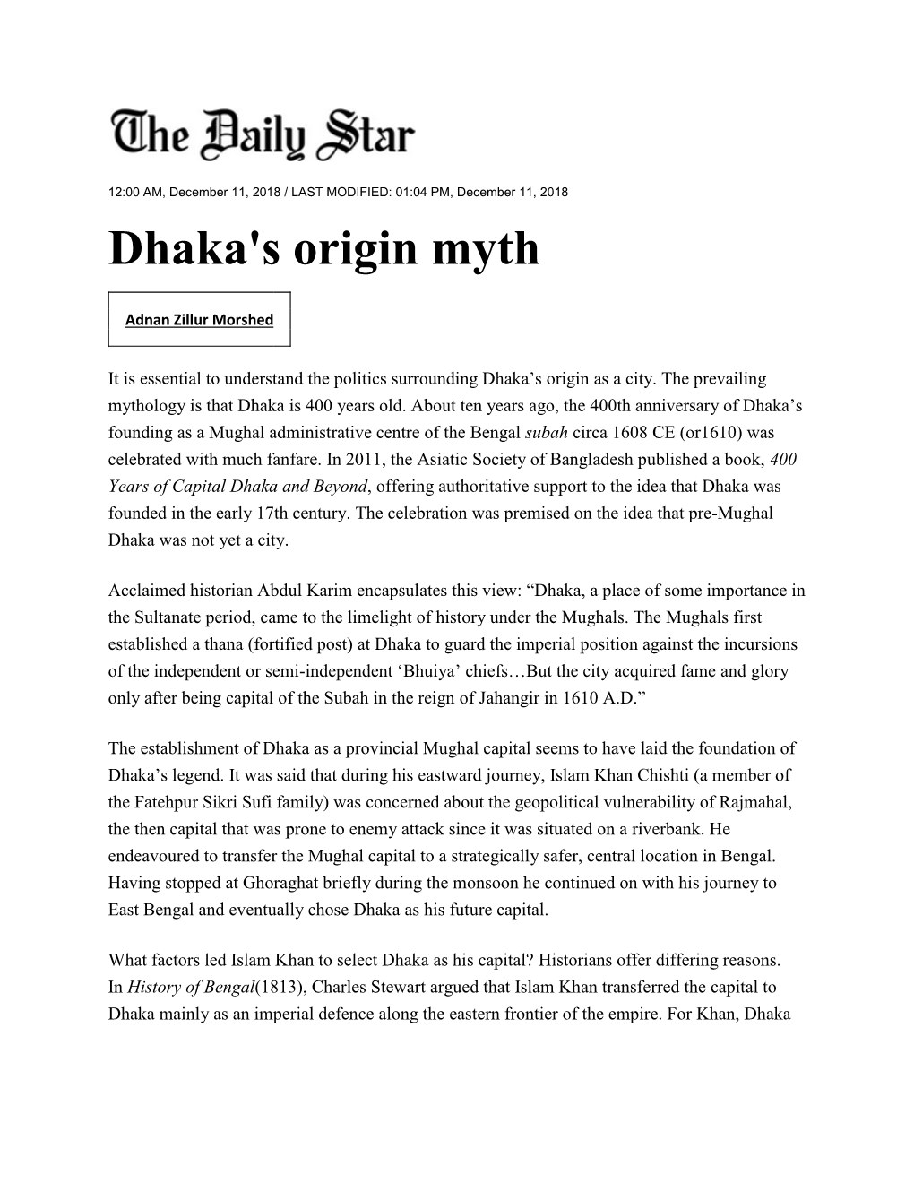 Dhaka's Origin Myth