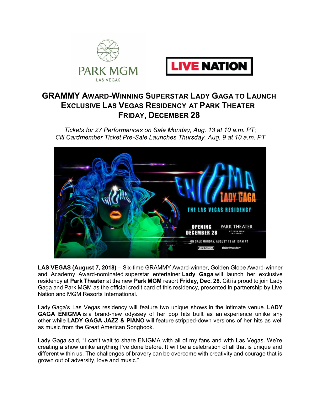 Grammy Award-Winning Superstar Lady Gaga to Launch Exclusive Las Vegas Residency at Park Theater Friday, December 28