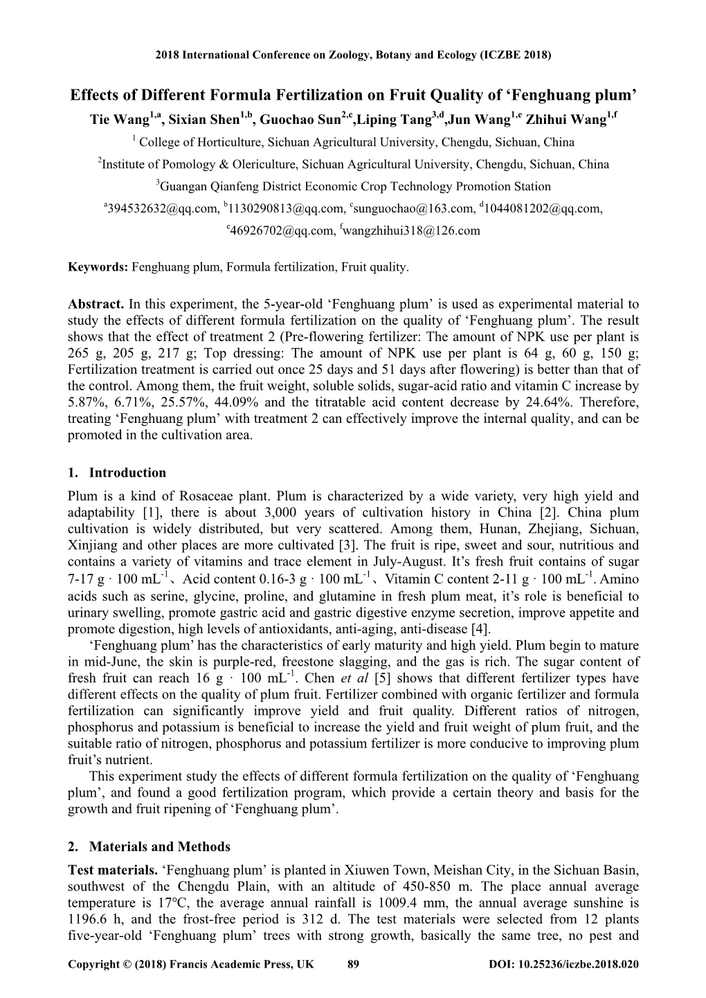 Effects of Different Formula Fertilization on Fruit Quality Of