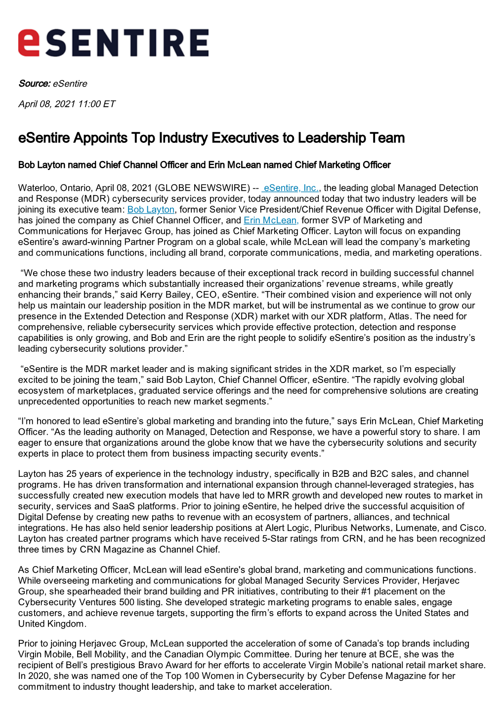 Esentire Appoints Top Industry Executives to Leadership Team