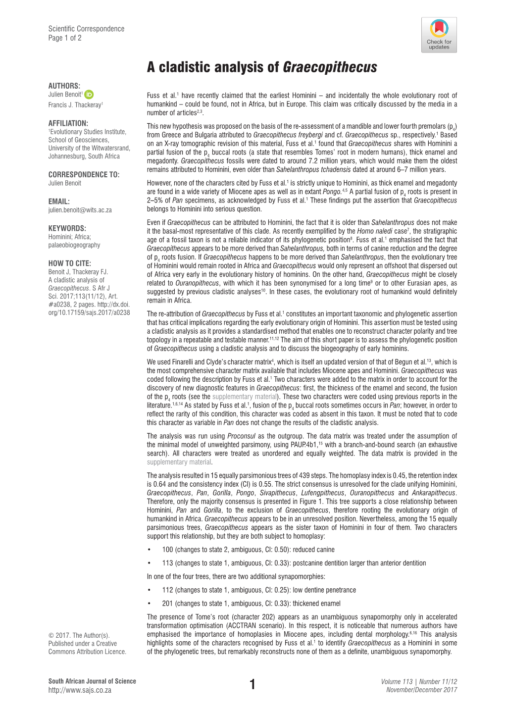 A Cladistic Analysis of Graecopithecus