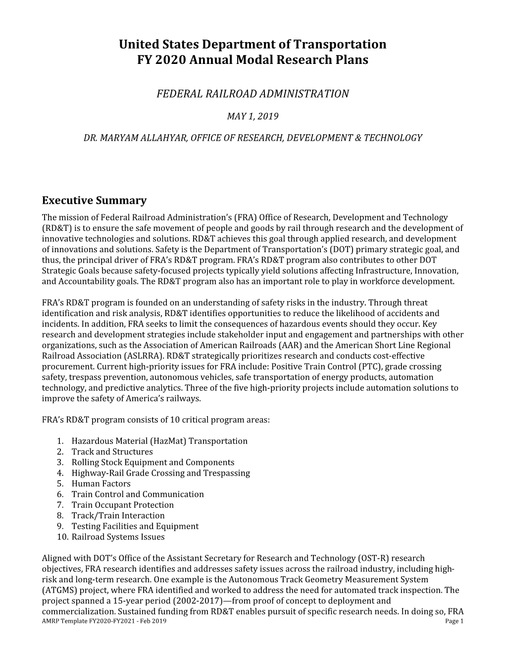United States Department of Transportation FY 2020 Annual Modal Research Plans