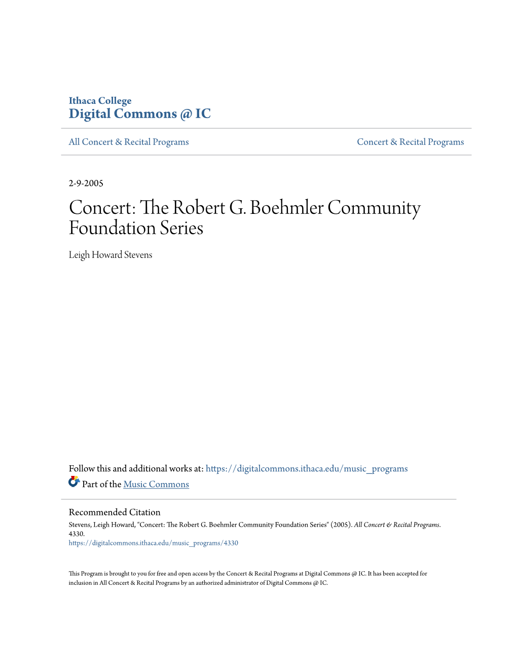 The Robert G. Boehmler Community Foundation Series Leigh Howard Stevens