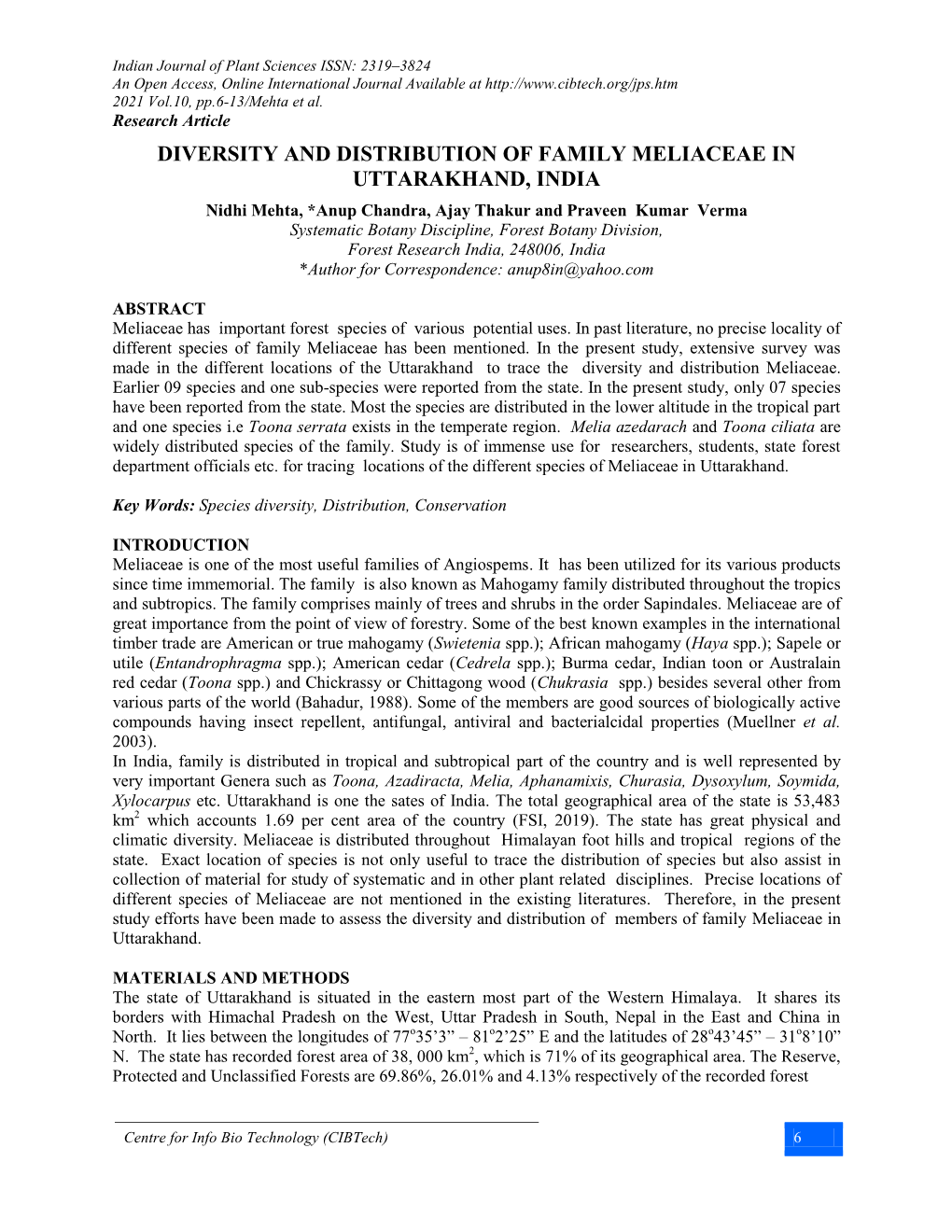 Diversity and Distribution of Family Meliaceae in Uttarakhand, India