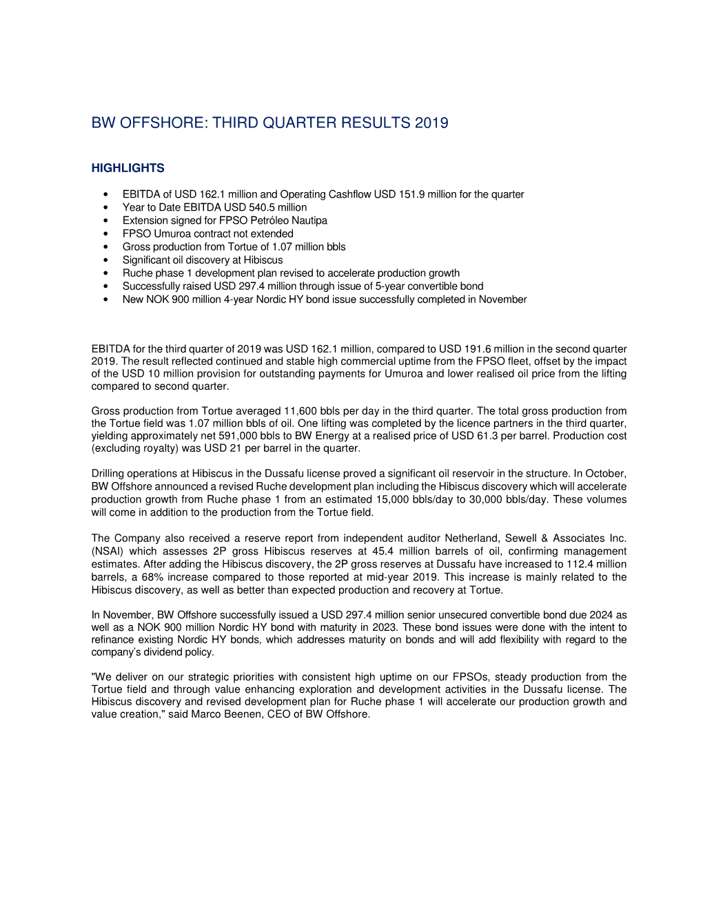 Bw Offshore: Third Quarter Results 2019