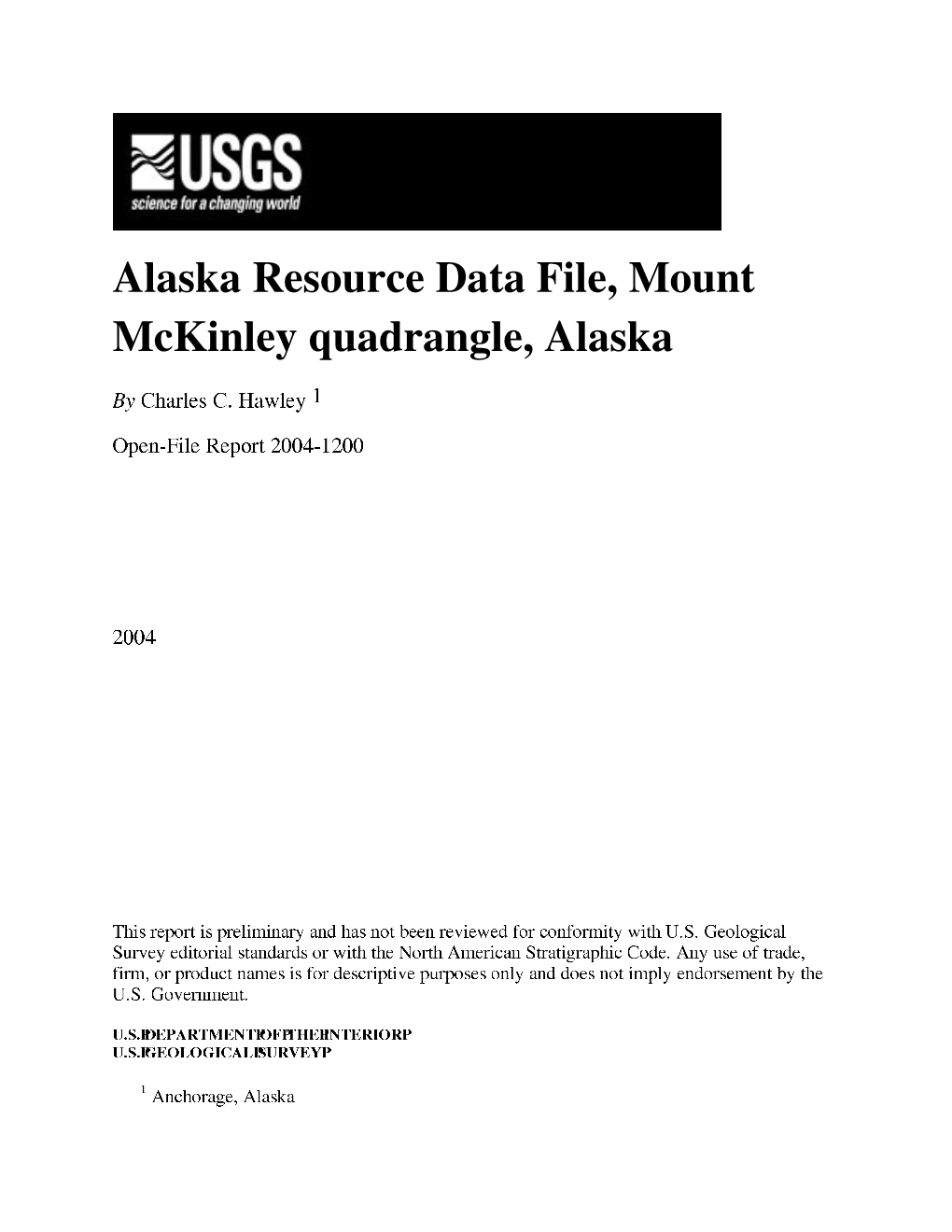 Alaska Resource Data File, Mount Mckinley Quadrangle, Alaska