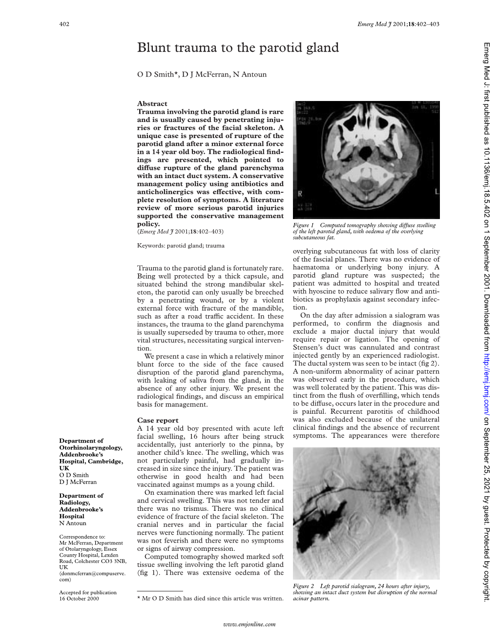 Blunt Trauma to the Parotid Gland Emerg Med J: First Published As 10.1136/Emj.18.5.402 on 1 September 2001