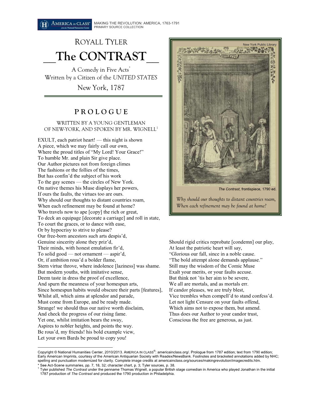 Royall Tyler, the Contrast, Comedy of Manners, 1787