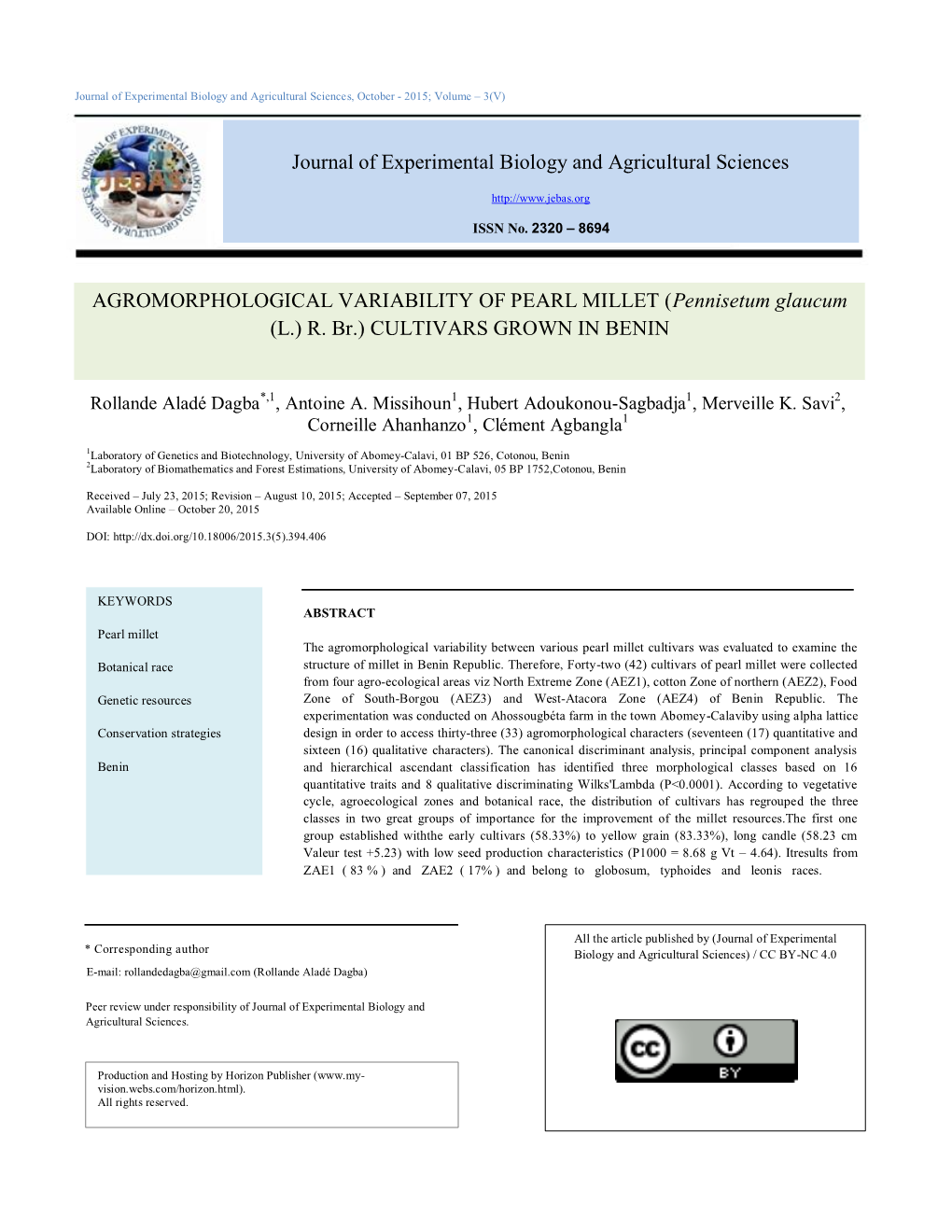AGROMORPHOLOGICAL VARIABILITY of PEARL MILLET (Pennisetum Glaucum (L.) R