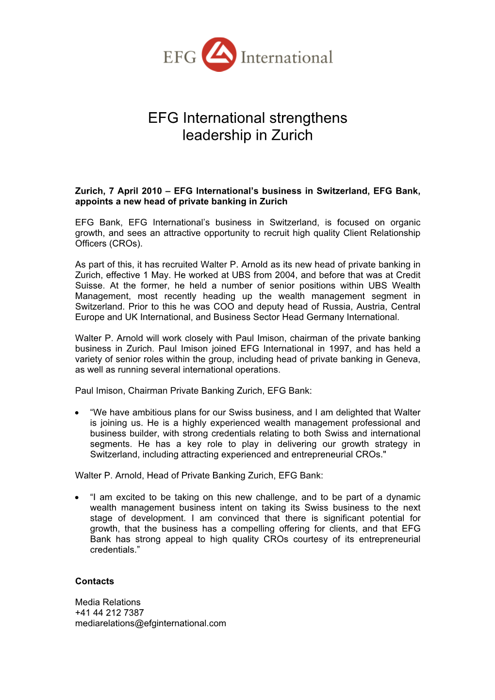 EFG International Strengthens Leadership in Zurich EN 2010