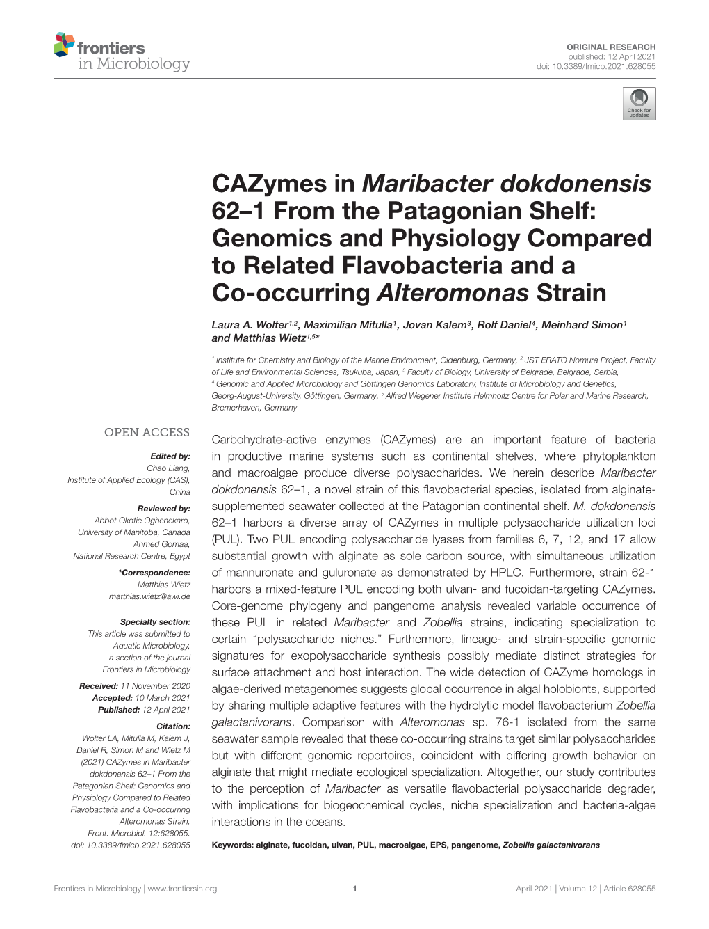 Cazymes in Maribacter Dokdonensis 62–1 from the Patagonian Shelf: Genomics and Physiology Compared to Related Flavobacteria and a Co-Occurring Alteromonas Strain