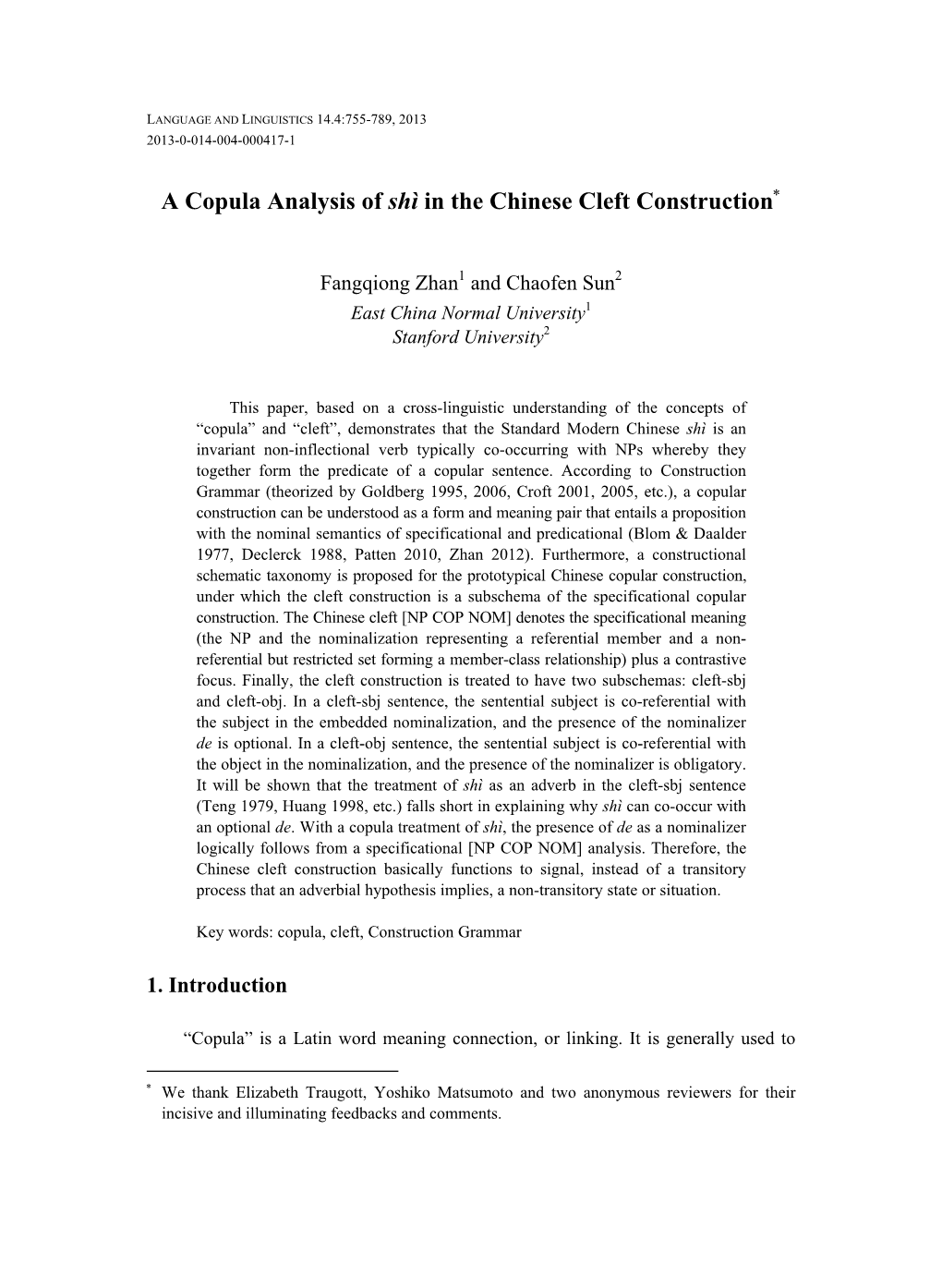 A Copula Analysis of Shì in the Chinese Cleft Construction