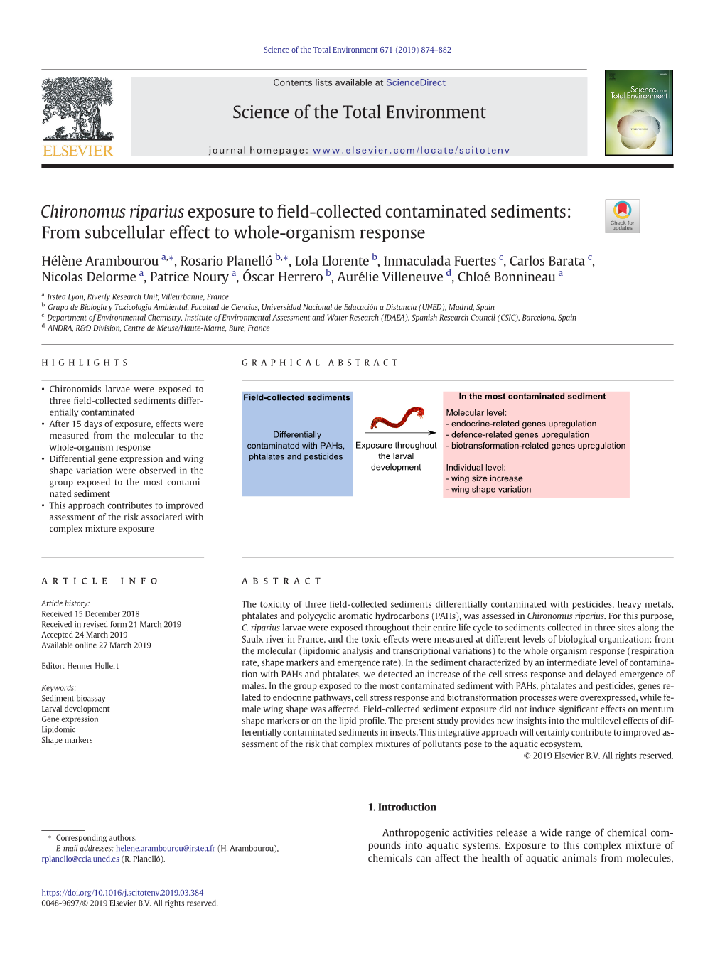 Chironomus Riparius Exposure to Field-Collected Contaminated Sediments