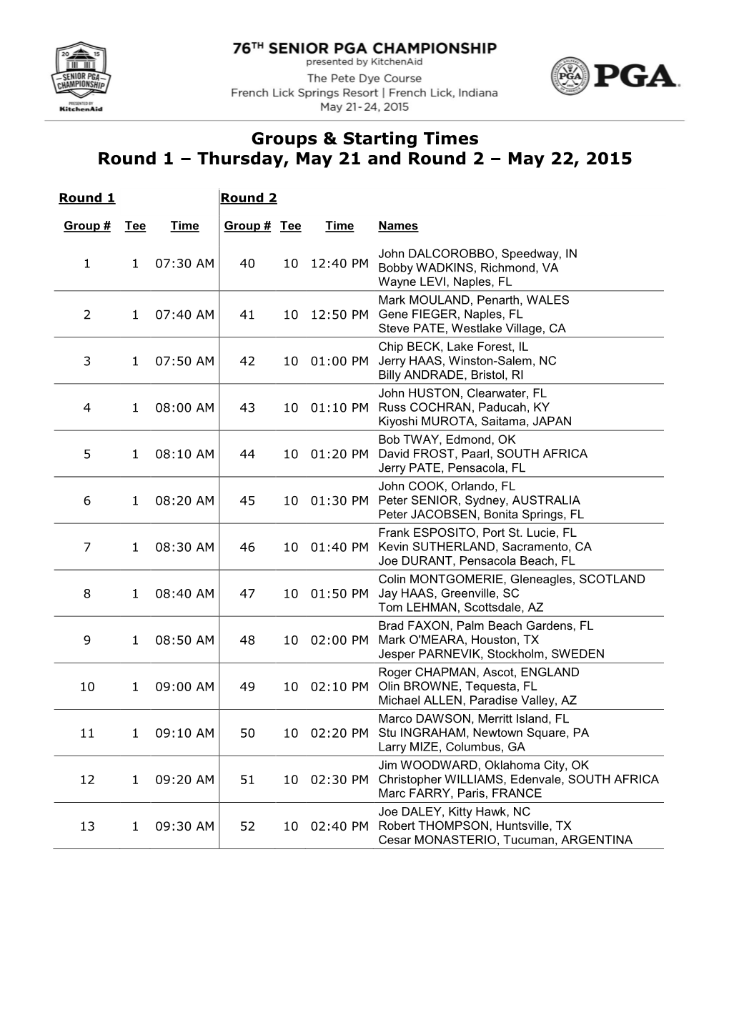 Groups & Starting Times Round 1 – Thursday, May 21 and Round 2