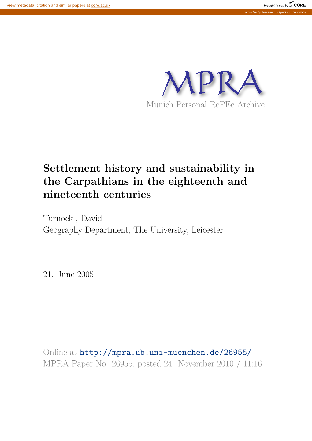 Settlement History and Sustainability in the Carpathians in the Eighteenth and Nineteenth Centuries