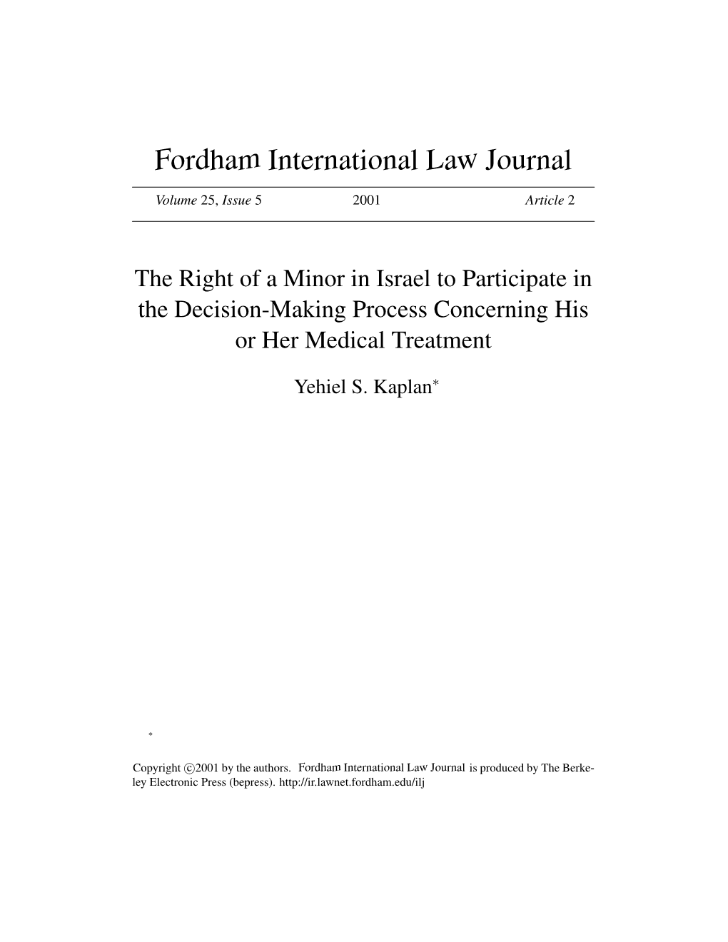 The Right of a Minor in Israel to Participate in the Decision-Making Process Concerning His Or Her Medical Treatment