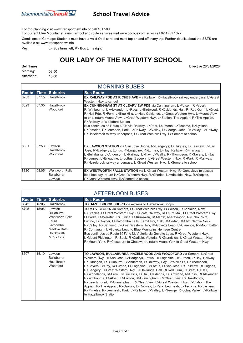 School Travel Advice OUR LADY of the NATIVITY SCHOOL