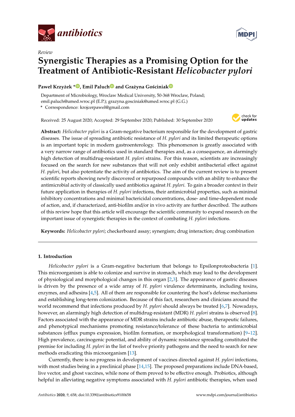 Synergistic Therapies As a Promising Option for the Treatment of Antibiotic-Resistant Helicobacter Pylori
